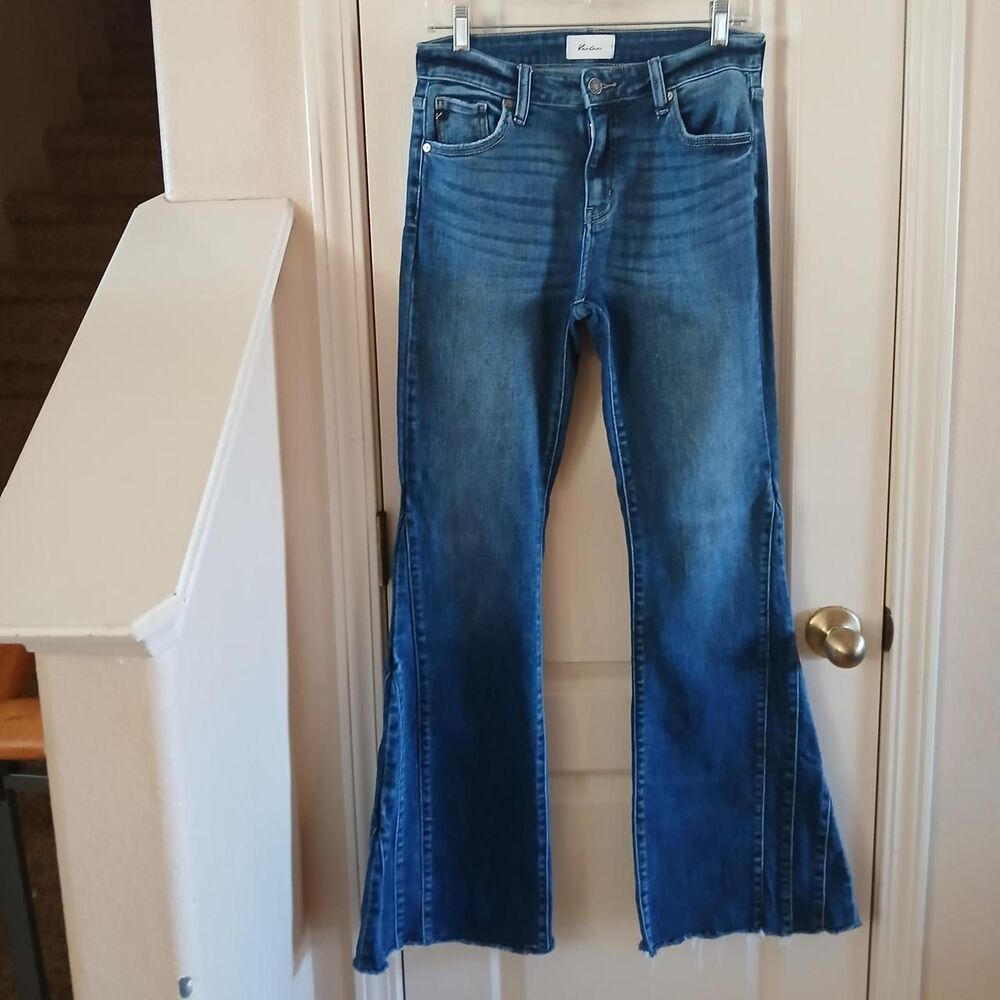 Kancan Denim Blue Jeans Pieced Patchwork Bell Bottom Flare Raw Hem 27 Retro